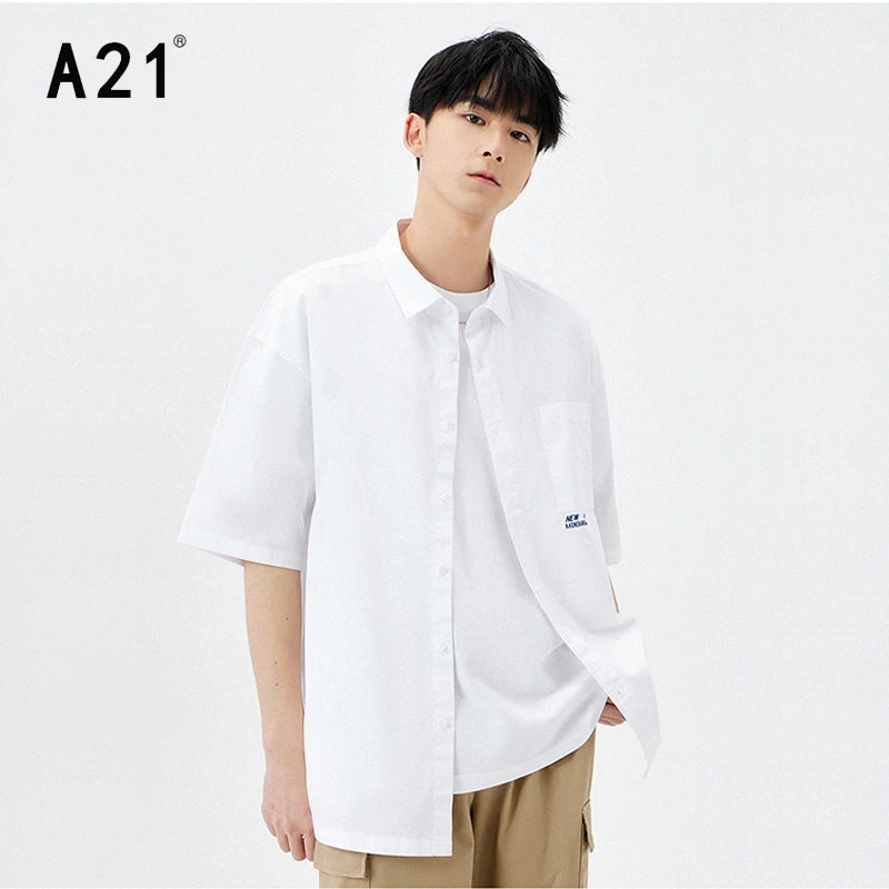 

A21 Men Summer Short Sleeves White Casual Shirts New Simple Fashion Turn-down Collar Letter Ptinting Male Oversized Cotton Shirt