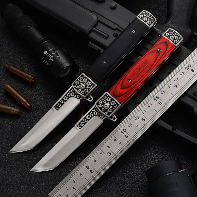 

Carved Texture Folding Blade Knife Wood Tactical Outdoor Survival Hunting Hiking Self Defense EDC Tool Folding Pocket knife