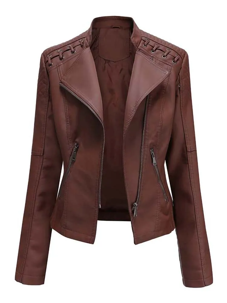 Zipper Slim Motor Biker Leather Coat Female Outwear TopsAutumn Winter Pu Faux Leather Jackets Women Long Sleeve
