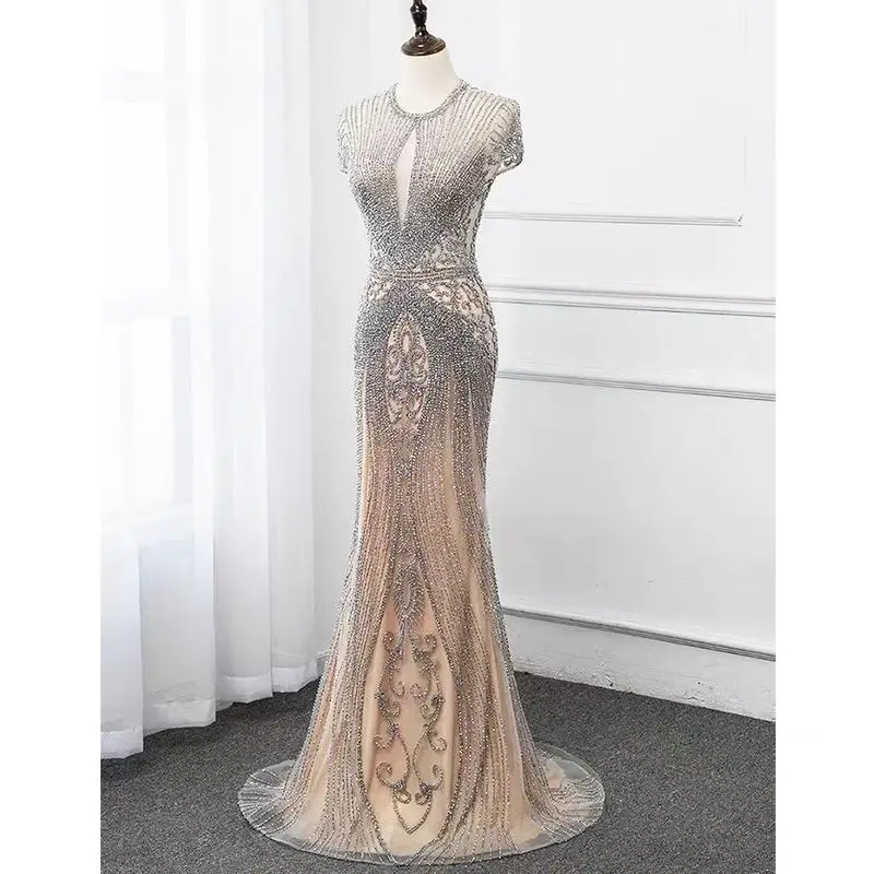 

Gorgeous Evening Dresses Trumpet O-Neck With Short Sleeves Floor-Length Sweep Train Beaded Crystal Tulle New Custom