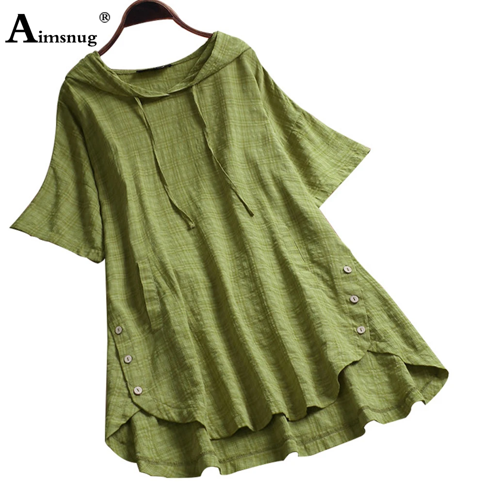 Ladies Elegant Vintage Blouse Short Sleeve Women's Cotton Linen Top Hooded Pullovers 2022 Summer Loose Casual Shirts Clothing