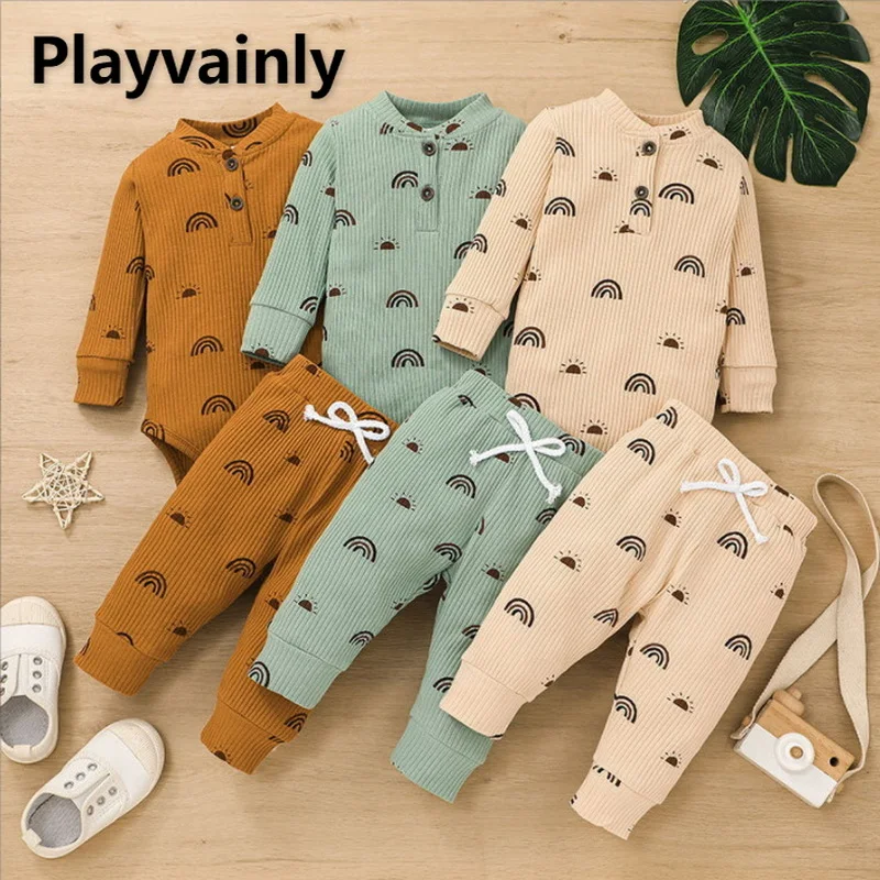 

Autumn New Baby Girl Boy 2-pcs Sets Rainbow long sleeve Jumpsuit +Pants suit Newborn Clothes E11739