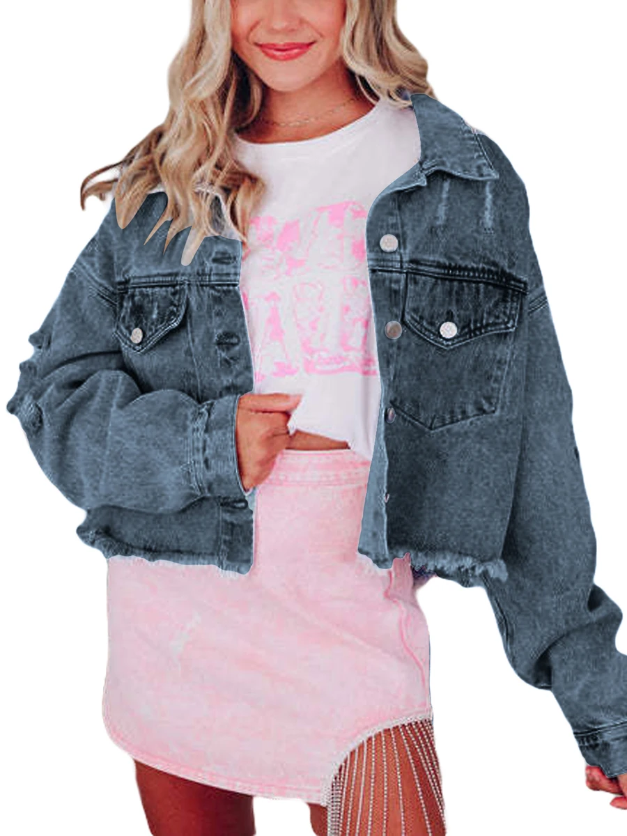 

Women Ripped Distressed Denim Jacket Casual Long Sleeve Button Down Boyfriend Jean Coat Vintage Trucker Jacket