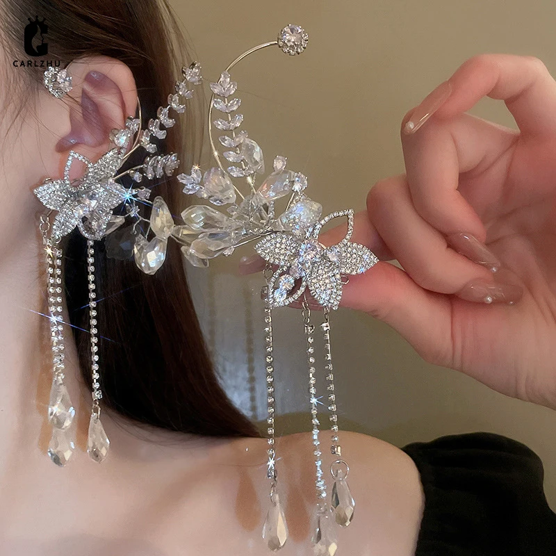 

1PC Luxury Rhinestone Zircon Crystal Flower Tassel Non Pierced Ear Clip Earrings for Women Fashion Wedding Brides Party Jewelry