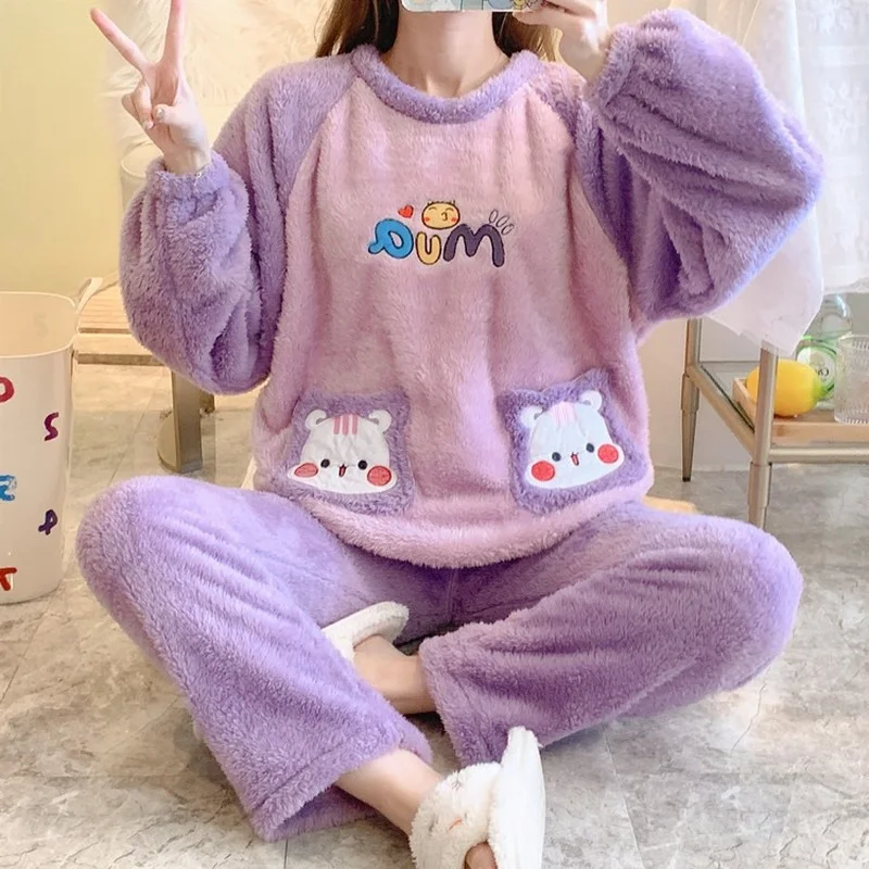 QWEEK Kawaii Cat Pijamas Winter Pajamas for Women Round Neck Flannel Pocket Pyjamas Two Piece Sets Sleepwear Pour Femme Roomware