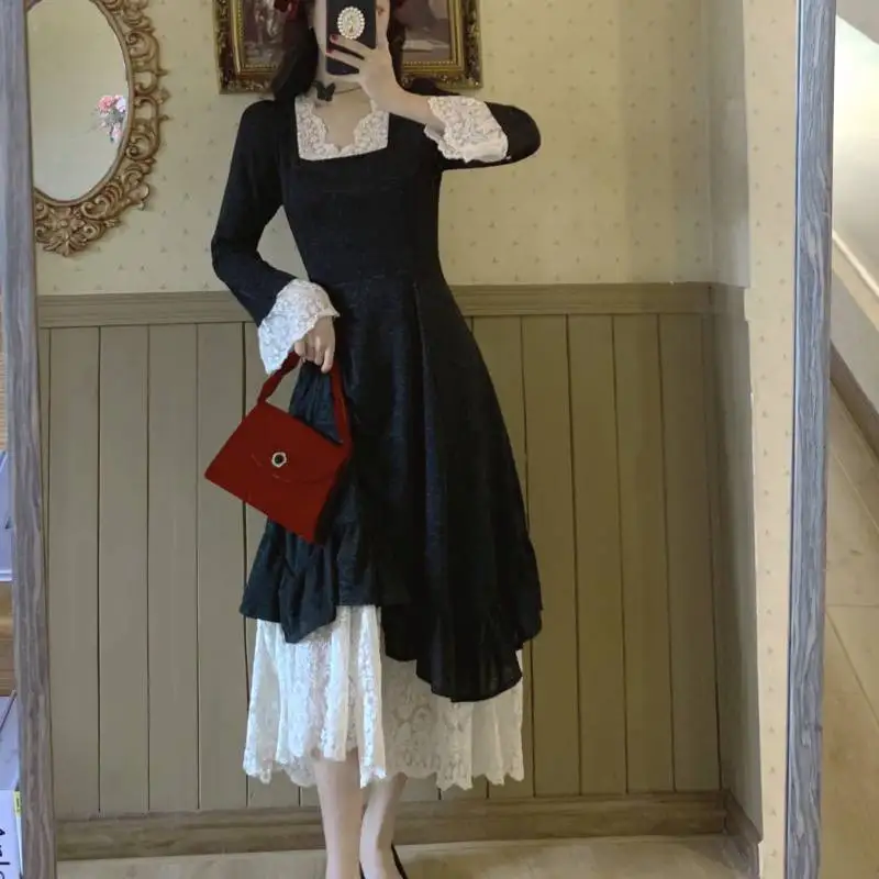 

Vintage Black Lace Maxi Dress French Retro Solid Square Collar Long Sleeve Palace Princess Dresses Korean Style Dress Fairy