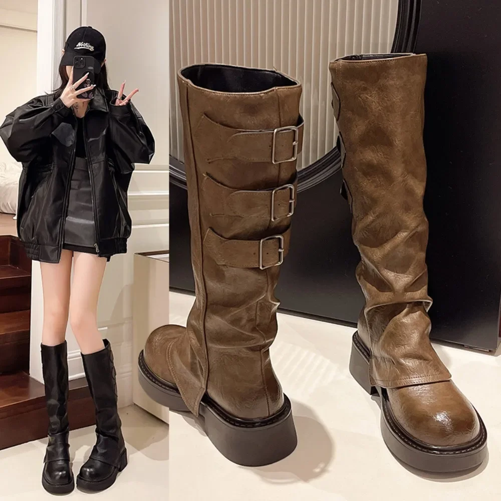 High Quality Wasteland y2k style Vintage Detachable Boot Barrel Western Boots for Women Black Belt Straps Shoes