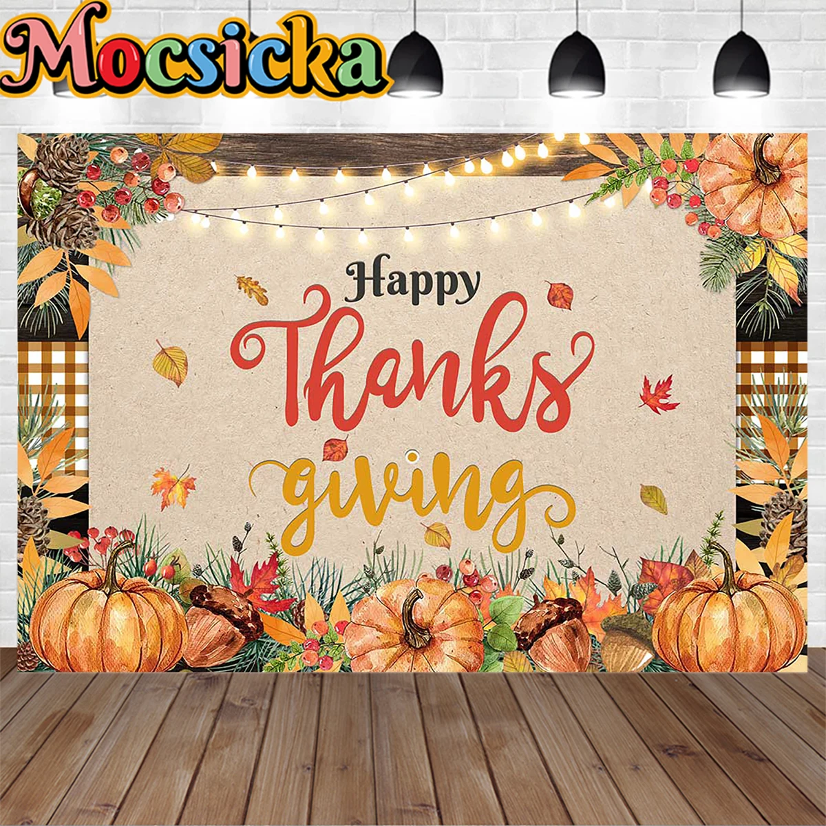 

Happy Thanksgiving Party Autumn Backdrop Pumpkin Maple Leaves Light Glitter Photography Background Banner Family Portrait Photo