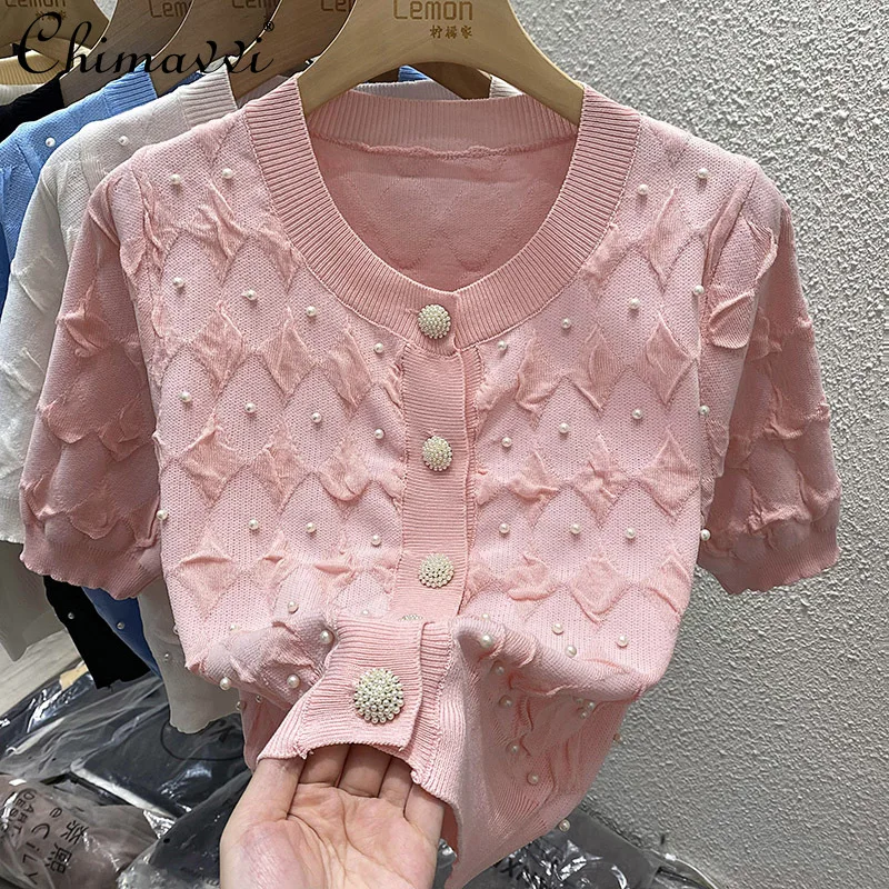 

Женская трикотажная футболка, летняя одежда, новинка 2022, модные Универсальные тонкие топы из вискозы с коротким рукавом и французскими буси...