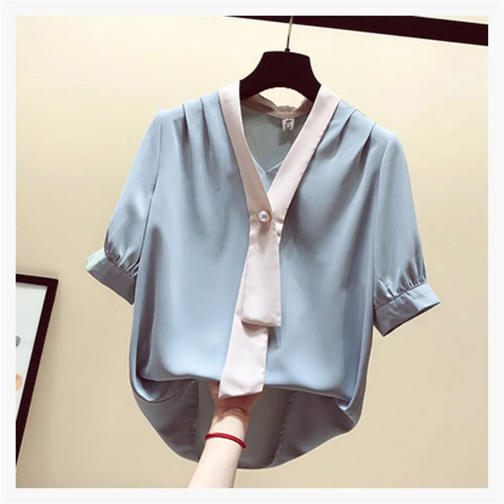 

Fashion Women Leisure Blouse V-Neck Short Sleeve Pleated Patchwork Loose Pullover Elegant Chic Ladies Blouse For Summer New