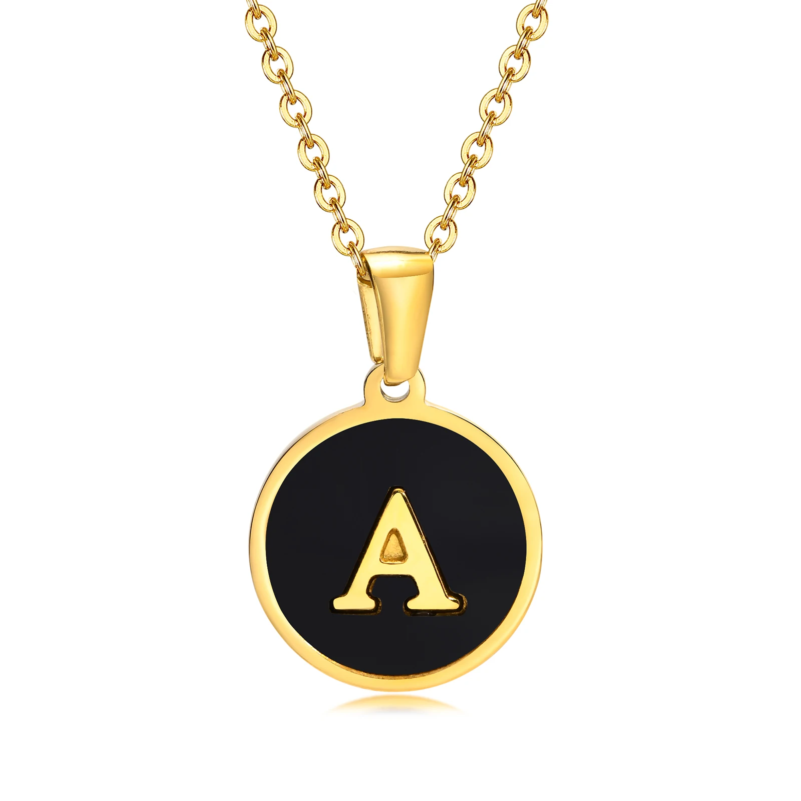 

Round Letter Initial Necklae Pendant For Women , Black Enamle Coin Necklace A To Z Stainless Steel Alphabet Chrismas Jewelry