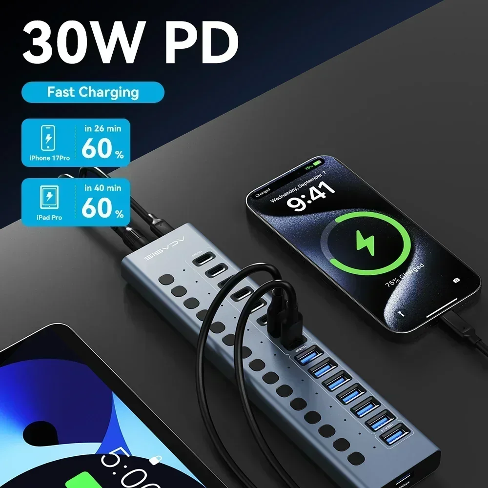 Фото USB-концентратор Acasis на 16 портов USB-C 3.1, 10 Гбит/с, 8A 8C, для USB-накопителей SSD/HDD, принтеров, клавиатур, мышей, мониторов, с зарядкой PD30W для iPad/iPhone №4