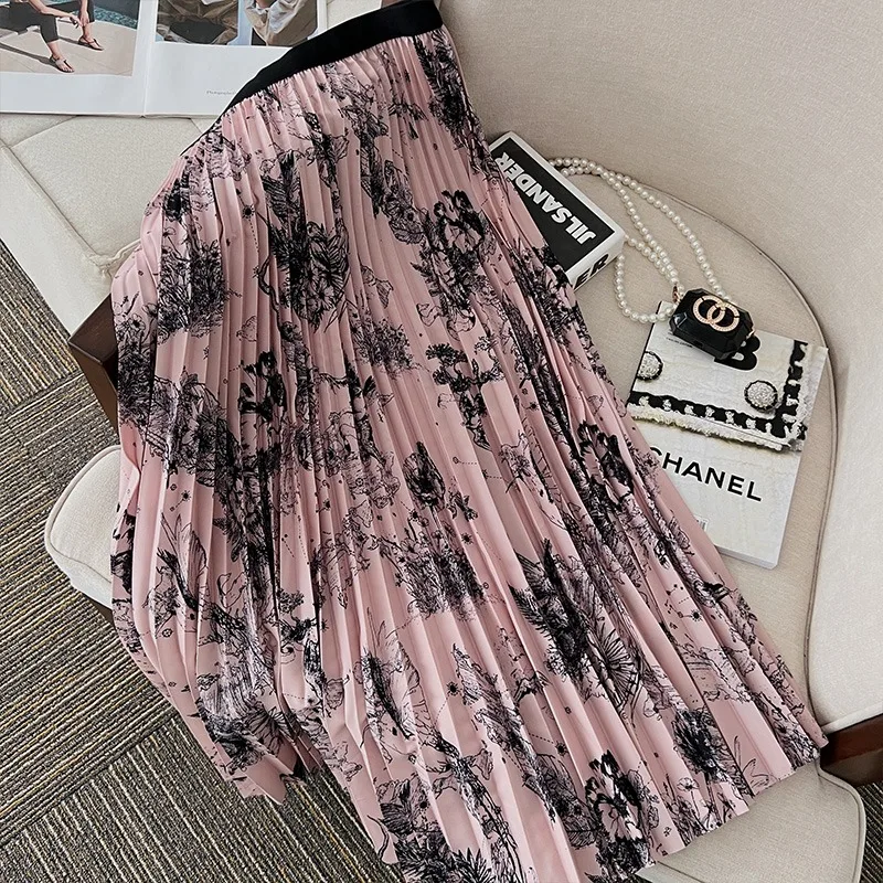 

YCMYUNYAN 2023 New Folds Skirt Spring/summer Floral High Waisted Loose A-LINE High Street Chiffon Print Women Pleated Skirts