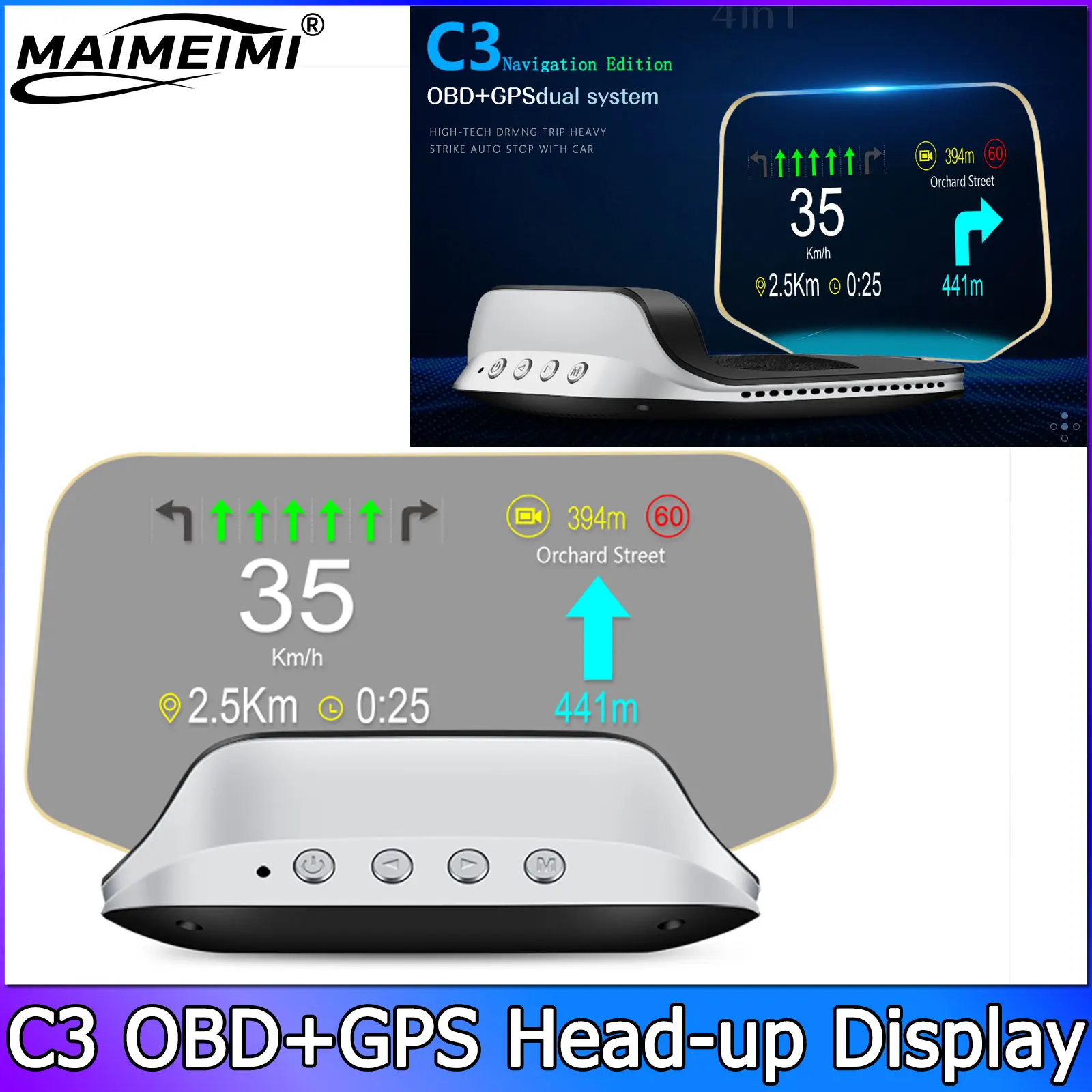 Фото QC Навигационная проекция C3 Автомобильный OBD2 + GPS HUD Спидометр Температура воды Напряжение Часы Об/мин Сигнализация превышения скорости Проекционный дисплей ﻿ №2