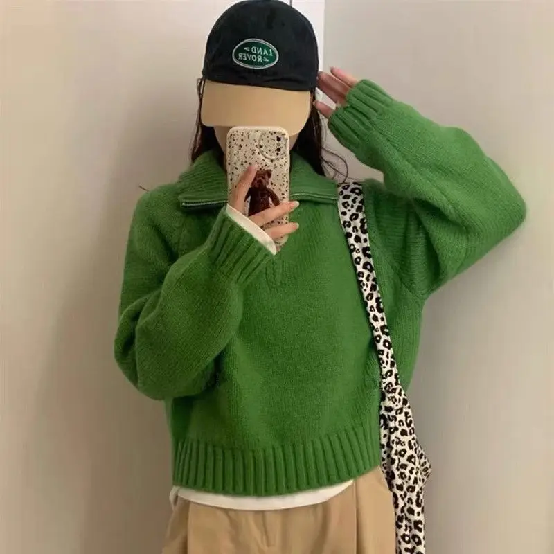 Осень/зима новый однотонный свободный популярный пуловер с отложным воротником