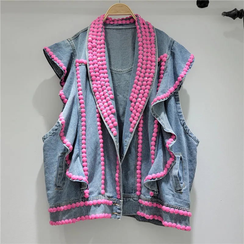 Heavy Industry Beads Diamond Ruffled Stitching Denim Vest Female Loose-Fitting Cowboy Top Summer Waistcoat Womans Jeans Jackets