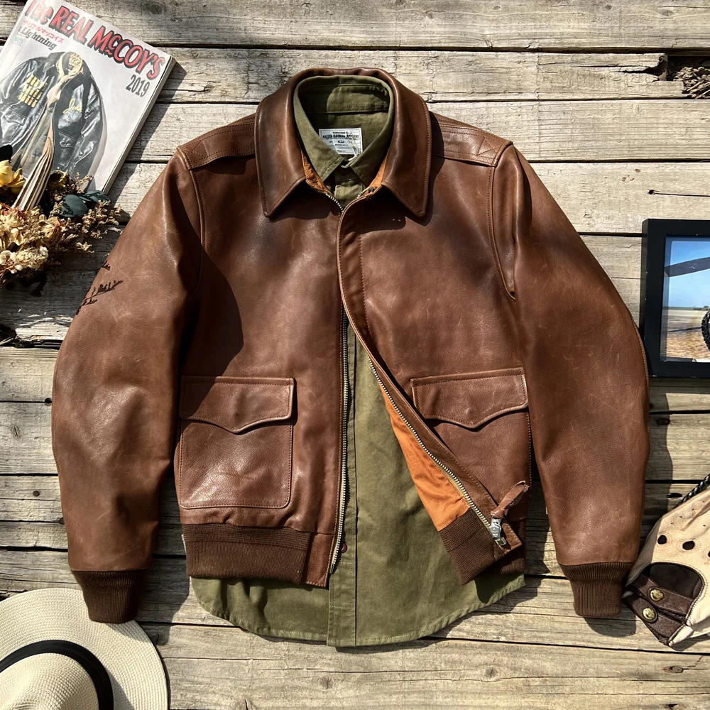 

Tailor Brando Italian Uncoated Calfskin A2 Pilot Jacket Military Style Leather Jacket