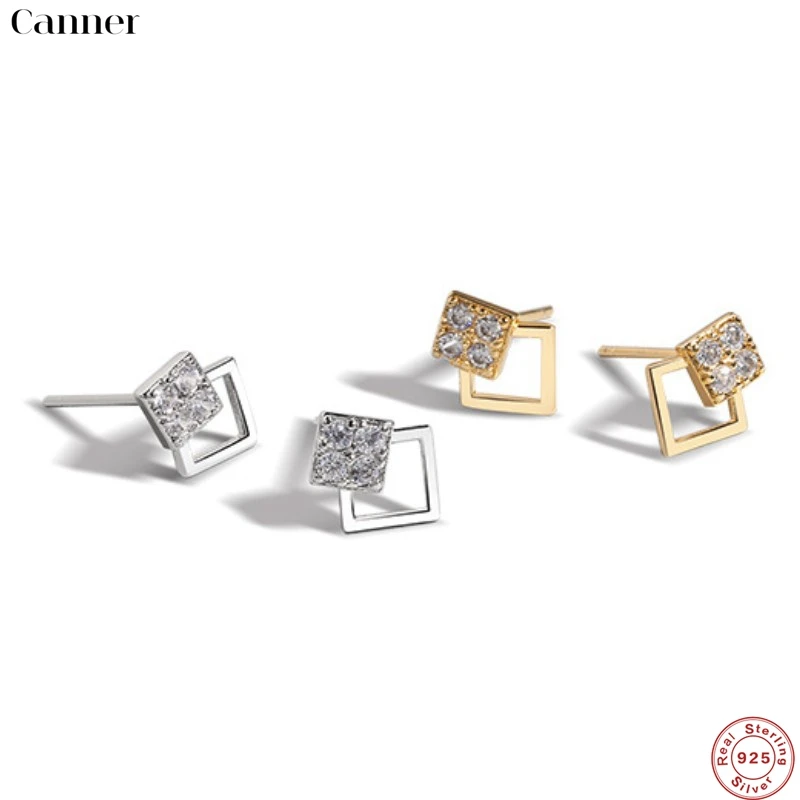 

CANNER Real 925 Sterling Silver Micro Inlaid Crystal Geometric Square Stud Earrings For Women Small Cute Banquet Fine Jewelry