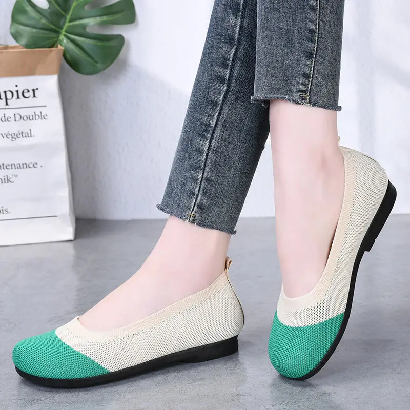 patterned weave loafers for women summer patchwork flats mom shallow barefoot shoes woman female two tone slip on ballet flats