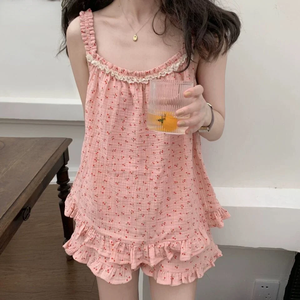 

2023 Women Spaghetti Strap Pajama Sets Cherry Printed Shorts Ruffles Sweet Girls Candy Color Sleepwear Cozy Casual Lounge Hipste