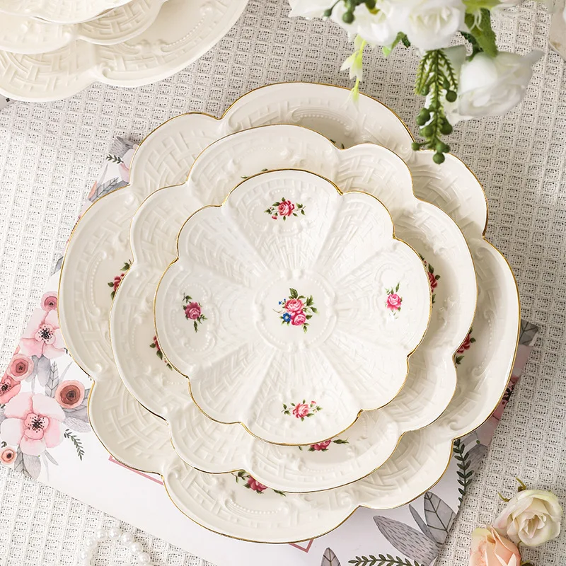 

European style retro Dim sum plate household dessert cake plate set small flower ceramic fruit salad bowl plate breakfast plate