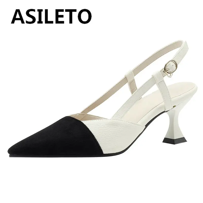 

ASILETO 2022 Women Sandals Pointed Toe Spool Heels Back Buckle Strap Splice Big Size 32-43 Mix Color Green White Elegant S3917