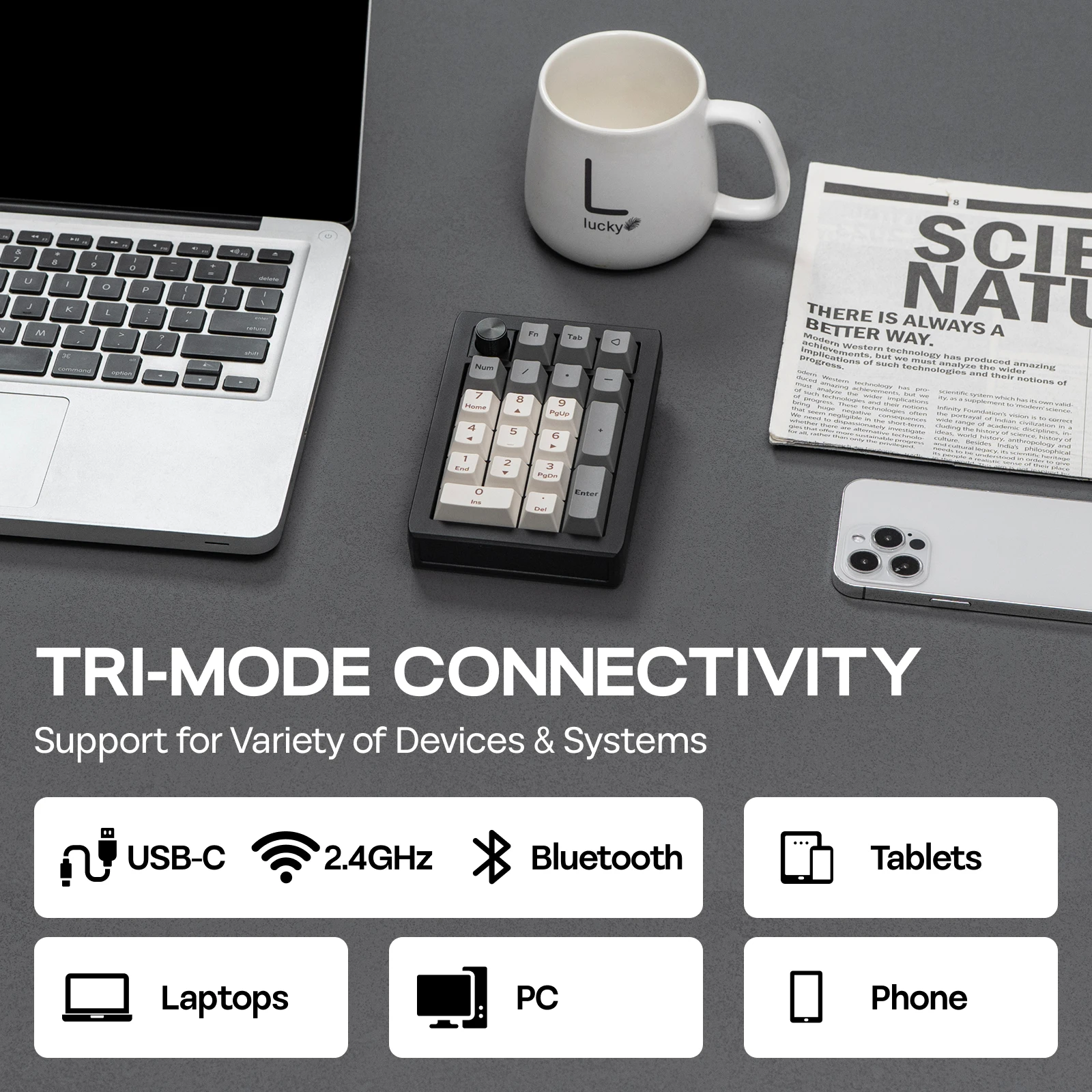 Фото EPOMAKER EK21 VIA 20%, прокладка, проводная/Bluetooth/2,4 ГГц, беспроводная NKRO Numpad, ручка из алюминиевого сплава, аккумулятор 1000 мАч для Win/Mac/игр №4