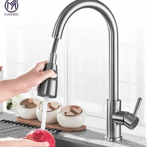 m oudemei stainless steel 304 brushed nickel deck mounted single handle hot and cold sink tap pull out spray kitchen faucet free global shipping