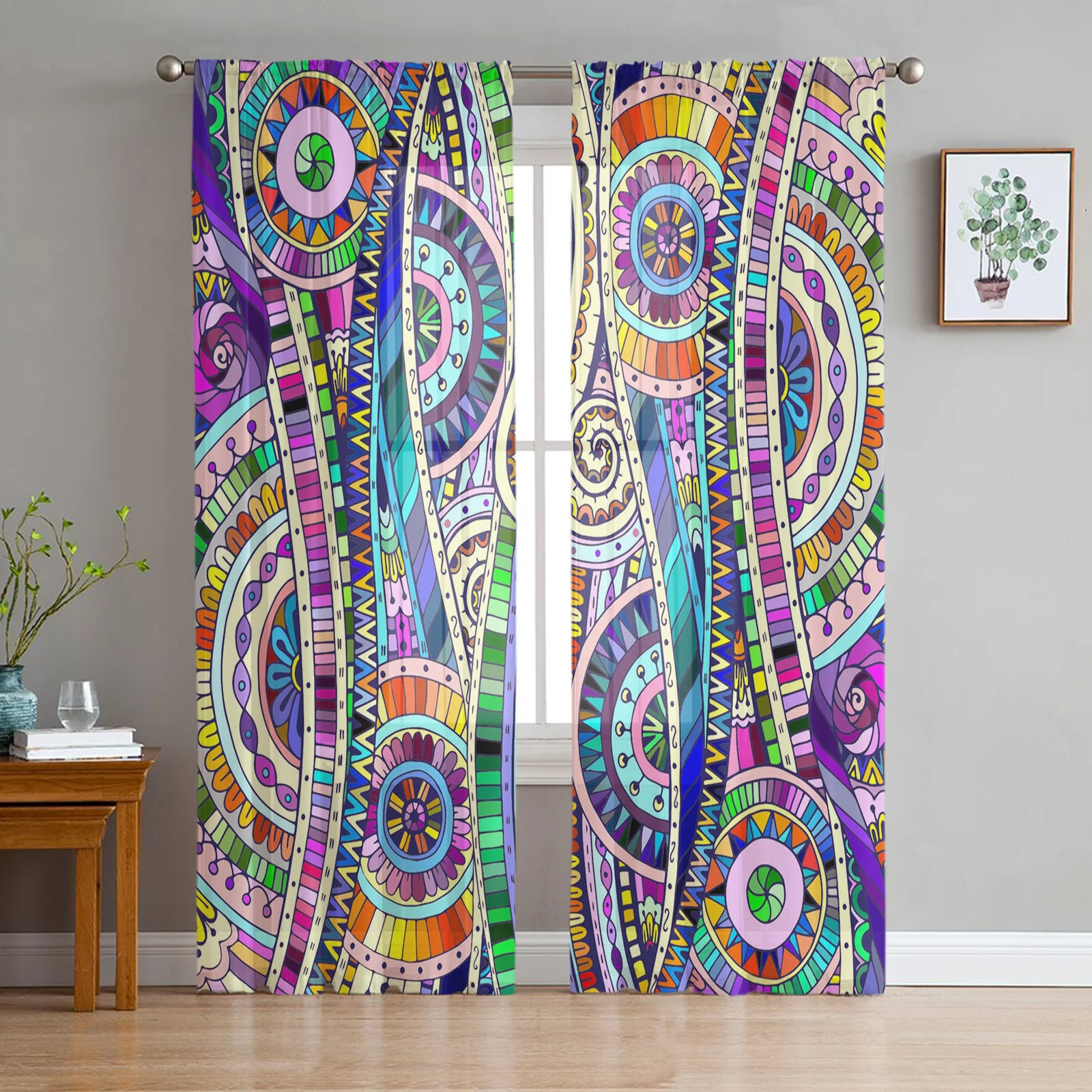 

Indian Ethnic Style Colorful Patterns Sheer Curtains for Living Room Kitchen Tulle for Windows Voile Yarn Curtains for Bedroom