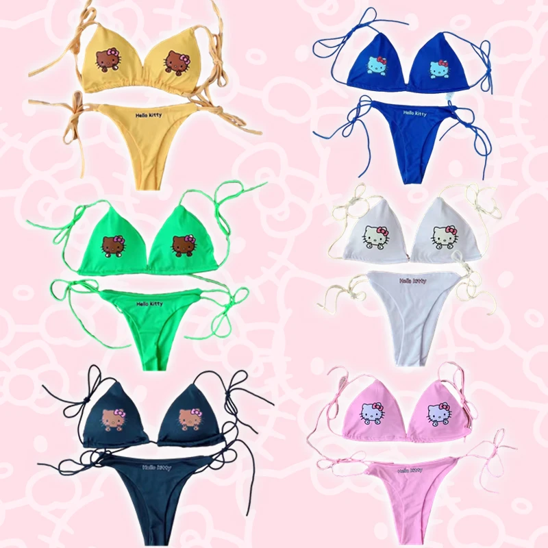 

Модный летний купальник с героями мультфильмов Y2K Sanrio Hellokitty, комплект женского сексуального бикини, горячее пляжное нижнее белье для девушек, бюстгальтер, трусики, костюм, подарок для девушки