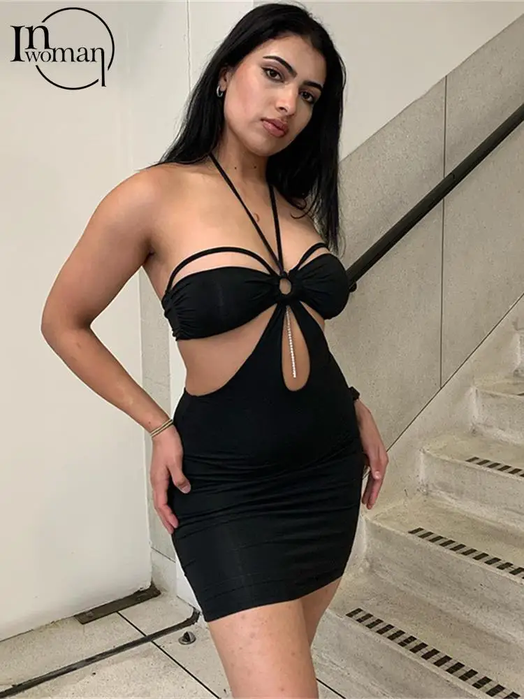 

Inwoman Summer Sexy Dresses For Women 2022 Sleeveless Backless Halter Party Dress Bodycon Hollow Out Pleated Mini Dress Female
