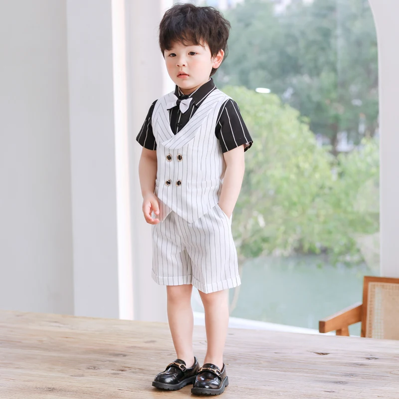 

Children White Striped Vest Dress Suit Set Summer Boys First Birthday Party Wedding Costume Kids British Waistcoat Pants Clothes