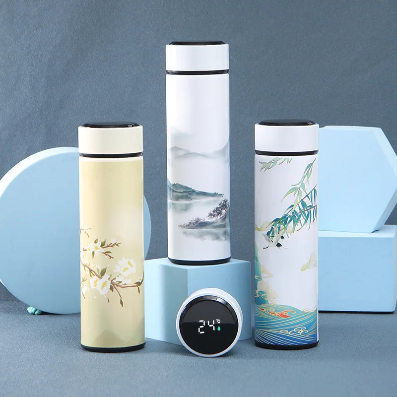 

Smart 304 Stainless Steel Vacuum Flasks Painting Water Cup Temperature Display Bottle Business In-Car Thermos Christmas Gifts