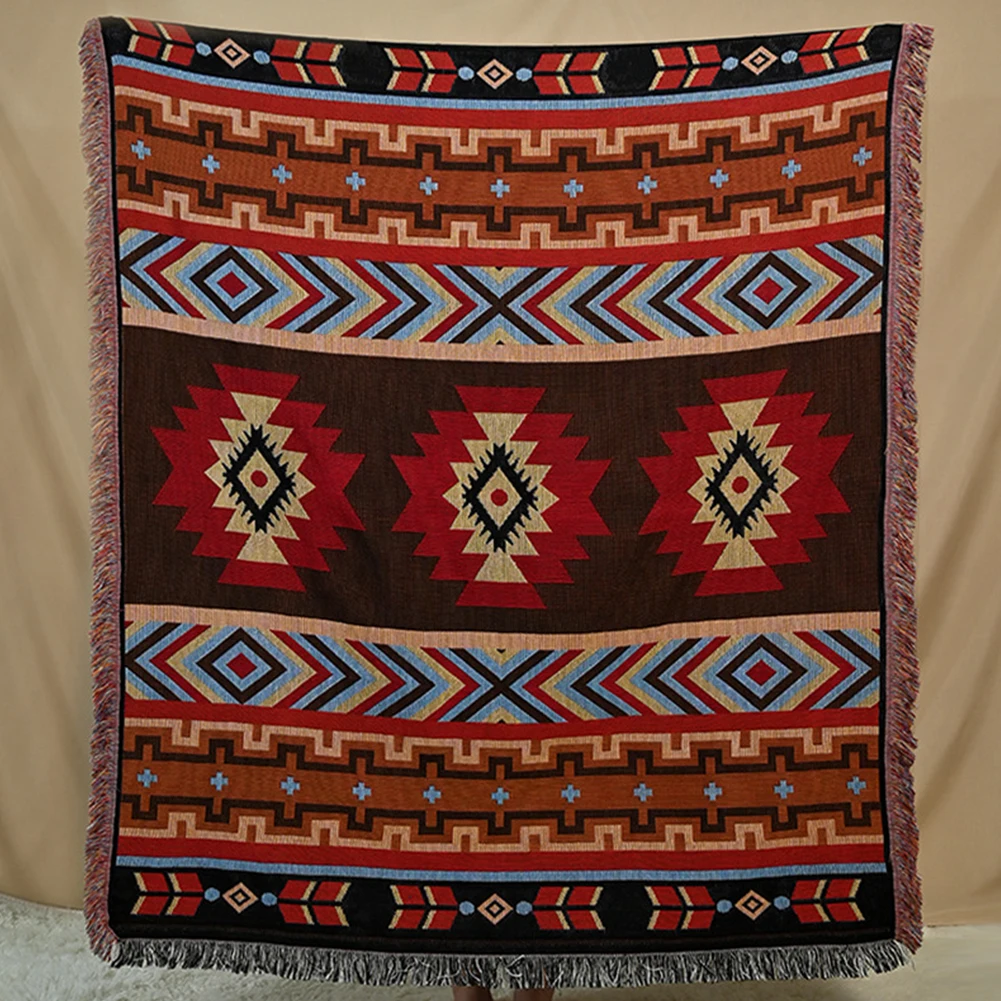 

Portable Geometric Cotton Knitted Tapestry Foldable Ethnic Outdoor Camping Mat Jacquard Tapestry with Tassel Park Travel Rugs