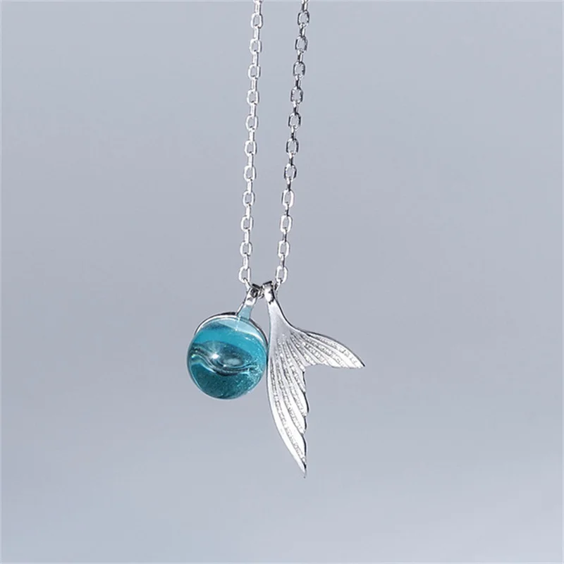 

Korean Fashion Mermaid Foam Clavicle Chain Sterling Silver Jewelry Whale Tail Crystal Temperament Pendant Necklaces Jewelry