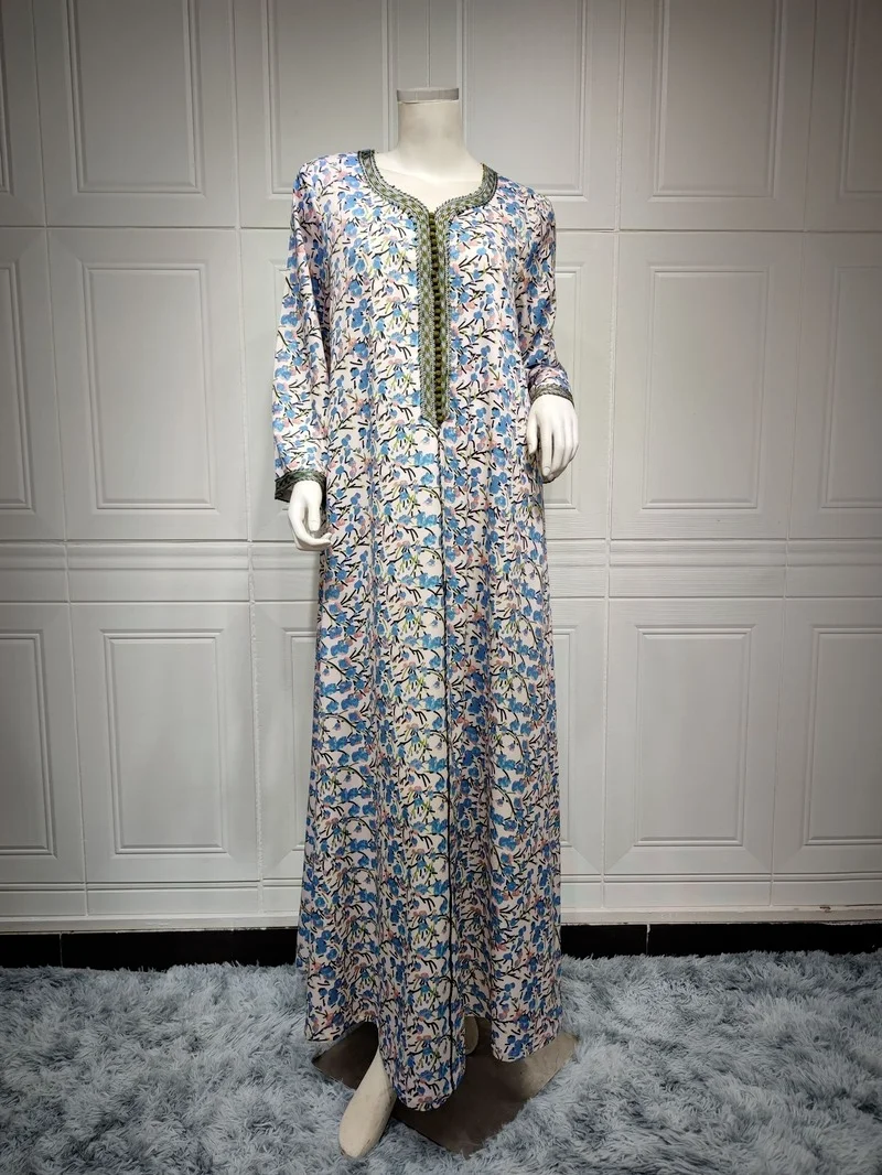 Eid Mubarak Floral Print Abaya Dubai Kaftan Summer Loose Long Arabic Dress Jalabiya Muslim Islam Arab Gown Party Evening Caftan