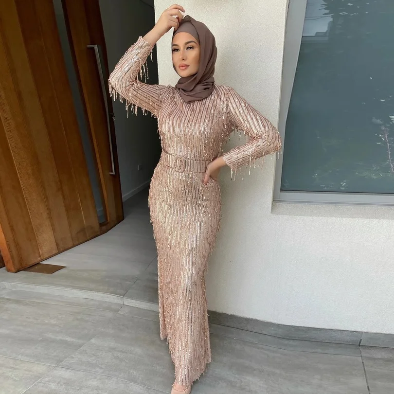 

2022 Dubai Luxury Sequin Wedding Party Gown Elegant African Evening Dresses for Women Muslim Moroccan Caftan Maxi Long Dress