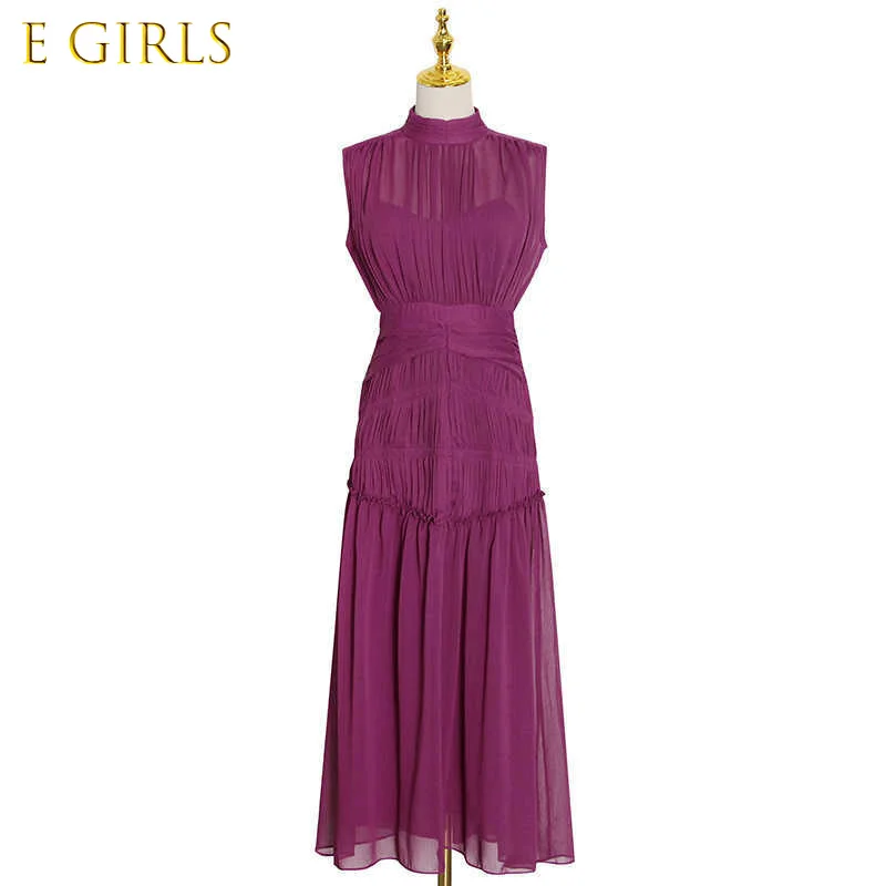 

J GIRLS Vintage Ruched Dress For Women Stand Collar Sleeveless High Waist Chiffon Midi Dresses Female 2022 Fashion New