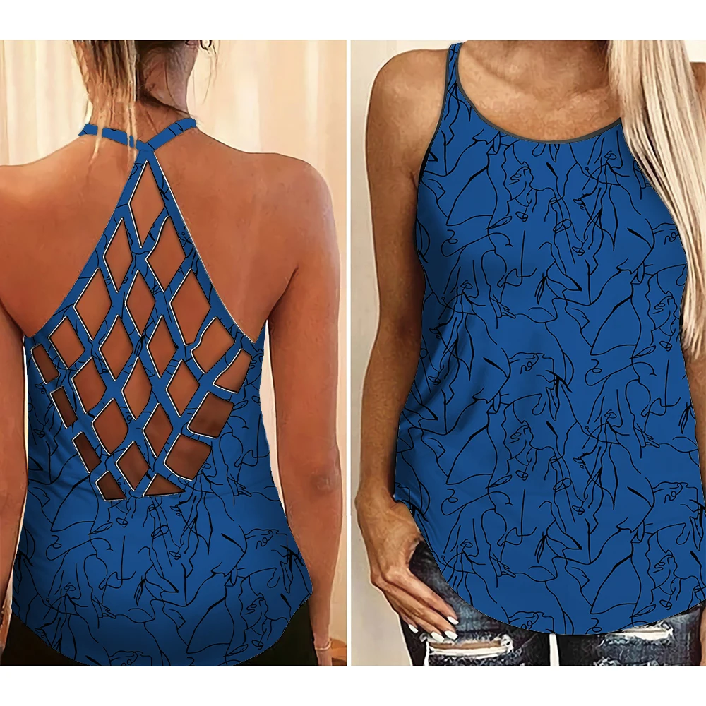 

2022 Summer Sleeveless Tank Tops Women Abstract Art Pattern Casual Tees Ladies Casual Fashion 3D Print Backless T-Shirt