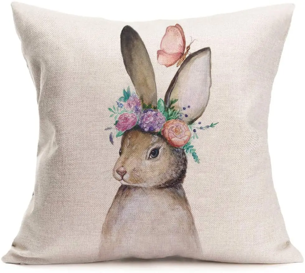 

Rabbit Throw Pillow Covers Animal Bunny with Flower Butterfly Decor Farmhouse Pillow Case Cotton Linen Cushion Cover for Home