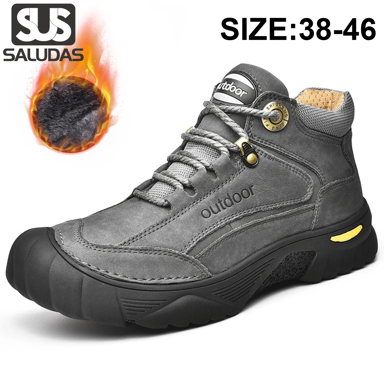 SALUDAS Genuine Leather Men's Shoes Fashion Luxury Leather Boots Outdoor Waterproof  Hiking Shoes Men Fur Winter Sneakers Male