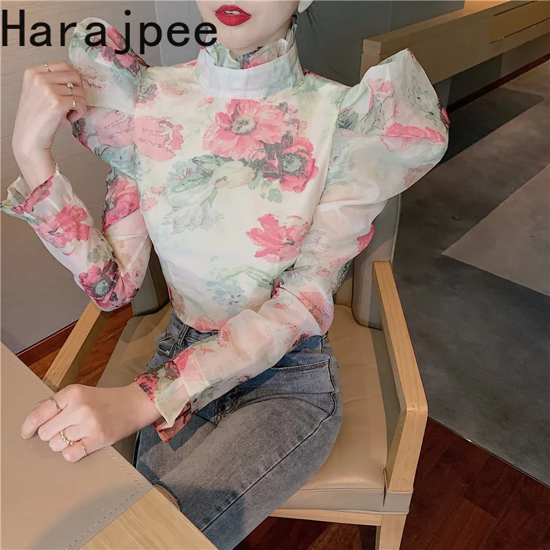 

Винтажная сетчатая рубашка с цветочным принтом Harajpee, приталенный пуловер с пышными рукавами и воротником-стойкой, элегантная Весенняя нова...