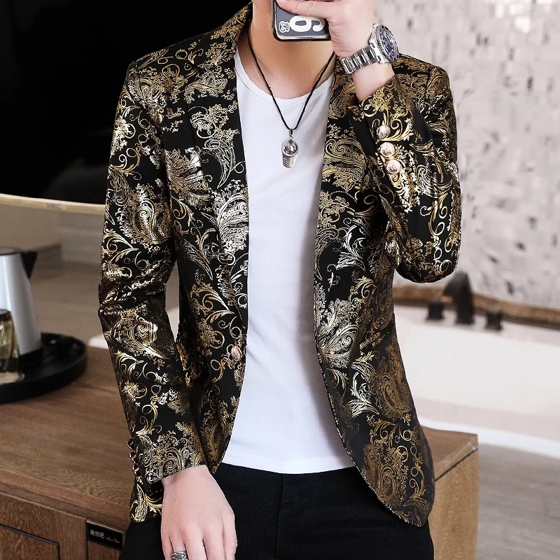 

Gold Blazer 2022 Spring New Bronzing Men Boutique Fashion Slim Fit Suit Jacket Wedding Nightclub Stage Party Dress Male Clothing