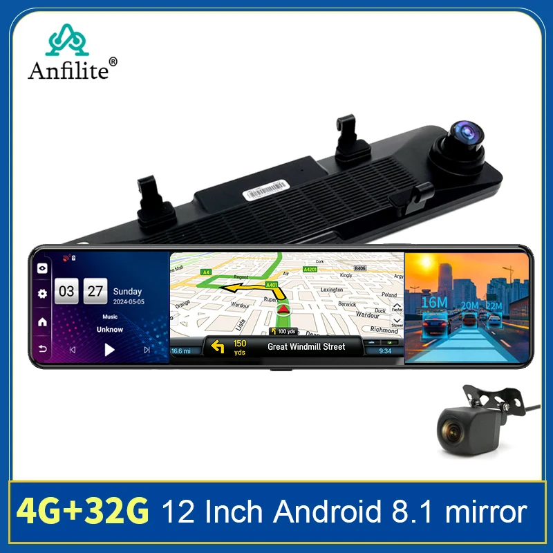 

Car Rear View Mirror Navigator 12'' 3 Split Touch Screen Dashcam Dual Camera Video Recorder 1080P ADAS GPS DVR 4G Android 8.1