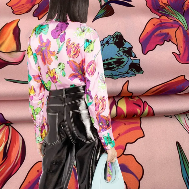 

European brand designer new polyester stretch satin fabric pink flower pattern digital printing fabric for dress shirt
