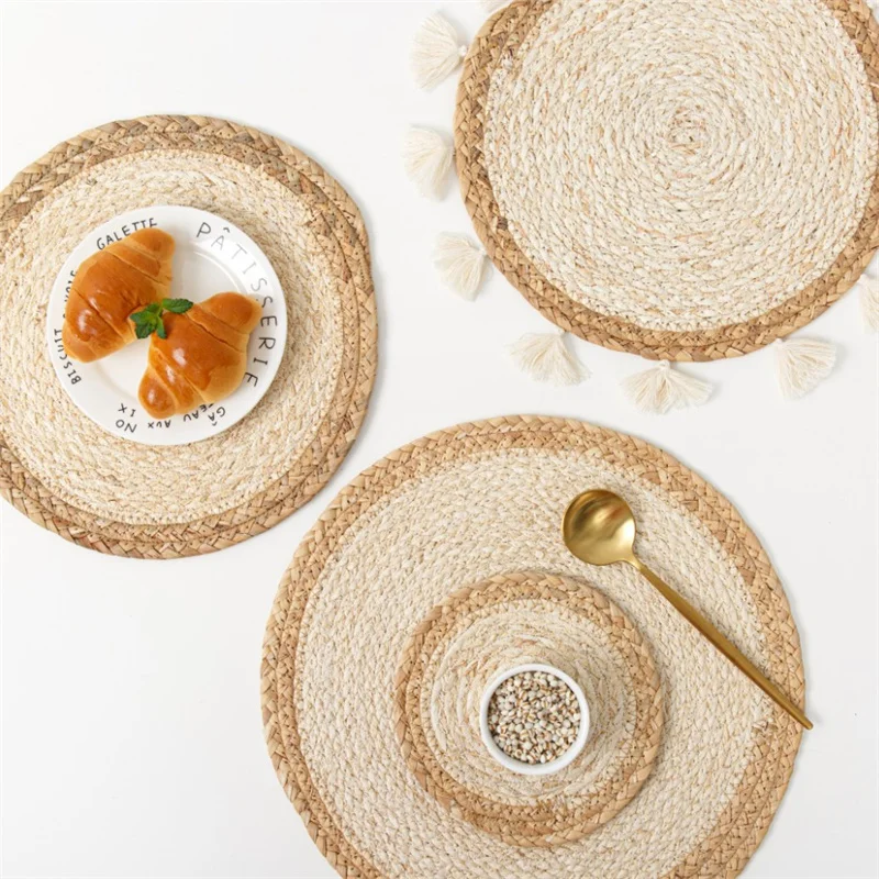 

Round Gourd Grass Placemats Natural Corn Straw Woven Dining Table Mats Heat Insulation Pad Pot Holder Cup Coasters Kitchen Decor