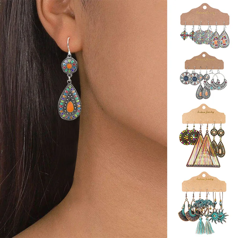 

Boho 3Pairs Boho Gypsy Earrings Set Tribal Ethnic Hook Drop Dangle Women JEWELRY Bohemia Earrings Hoop Earrings Drop Ethnic