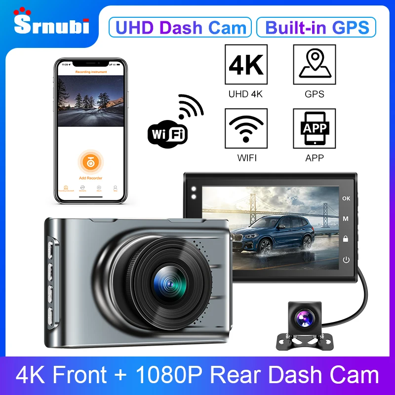 

Srnubi 3" Dash Cam 4K Car Camera DVR Dual Lens 2160P UHD Dash Cam Front and Rear Cam Night Vision WDR Built-In GPS WiFi G-Sensor