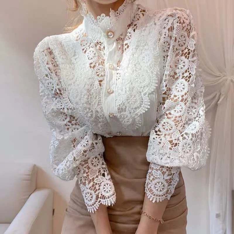 

Petal Sleeve Stand Collar Hollow Out Flower Lace Patchwork Shirt Femme Blusas All-match Women Lace Blouse Button White Top 12419