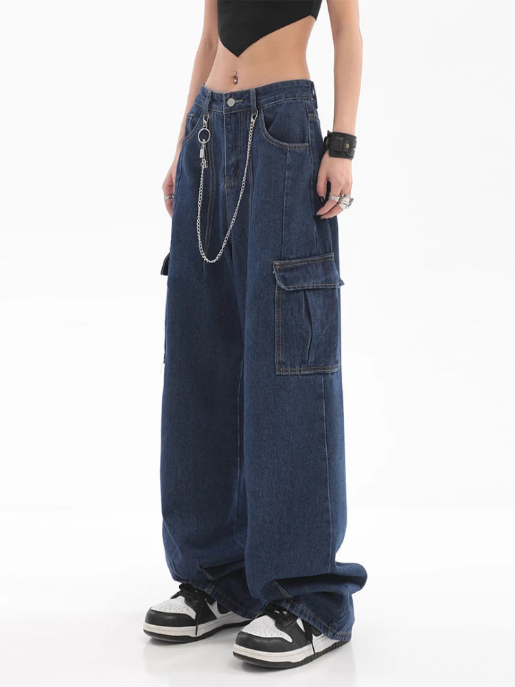 ADAgirl High Waisted Jeans Women Streetwear Vintage Baggy Multi-pocket Blue Wide Leg Cargo Pants Y2k Casual Mujer Denim Trousers